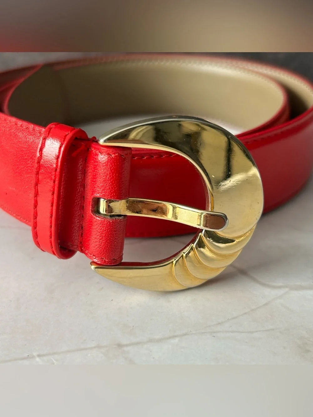 Liz Claiborne Red Leather Belt with Gold Circular Buckle